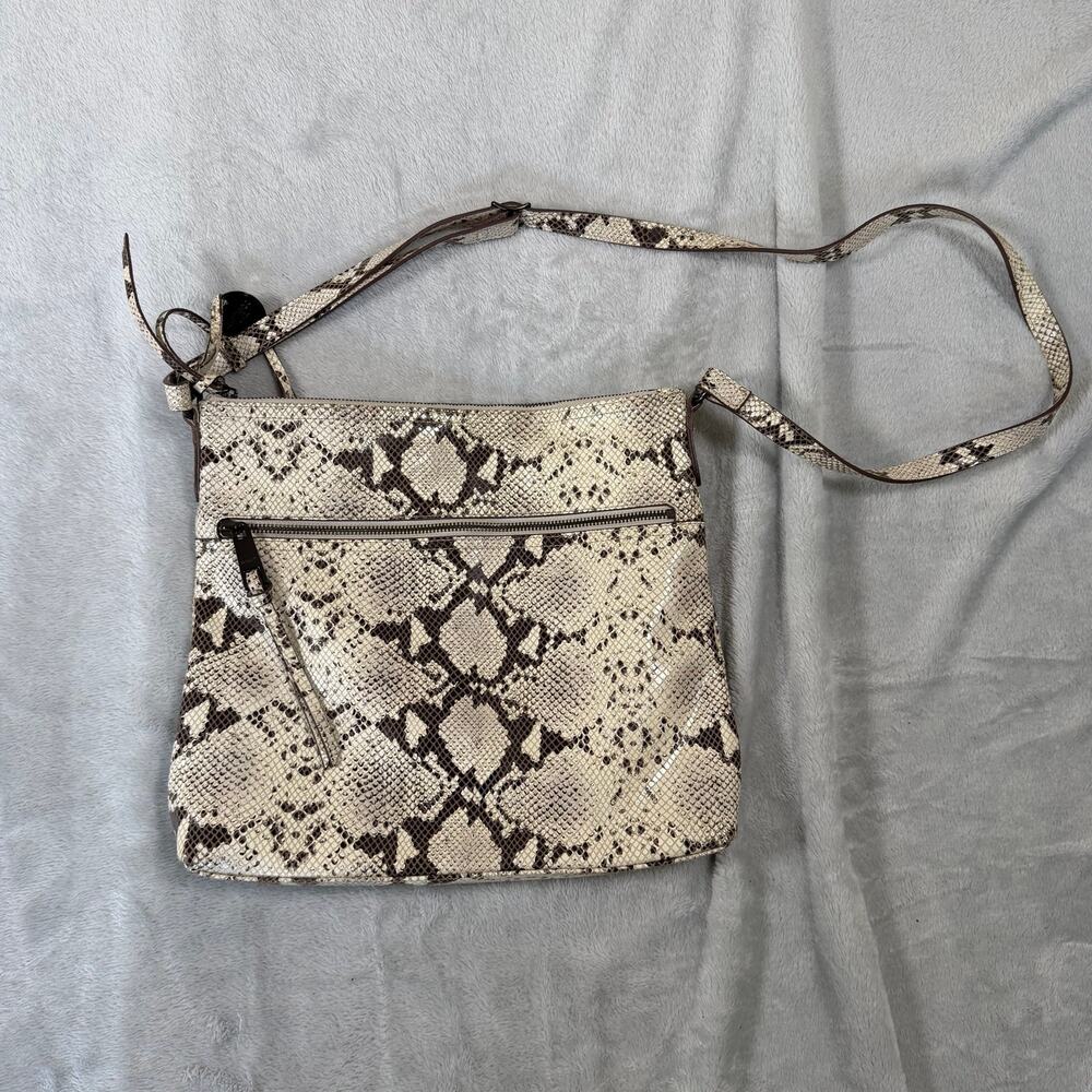 Margot New York Genuine Leather Snake Print Crossbody Shoulder Bag Cream Brown